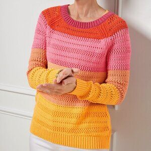 New Talbots 100% Cotton Colorblock Crochet Sweater Pink Yellow Medium